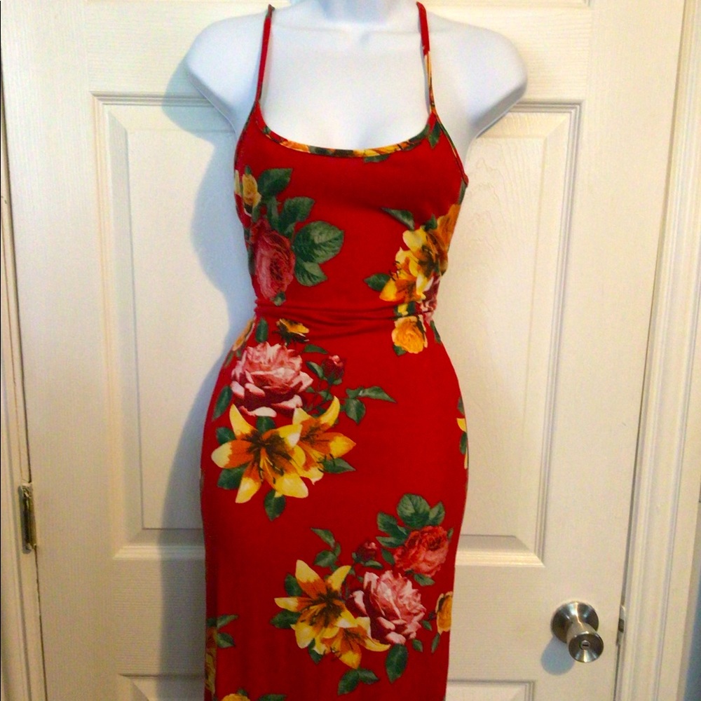 Red floral maxi dress